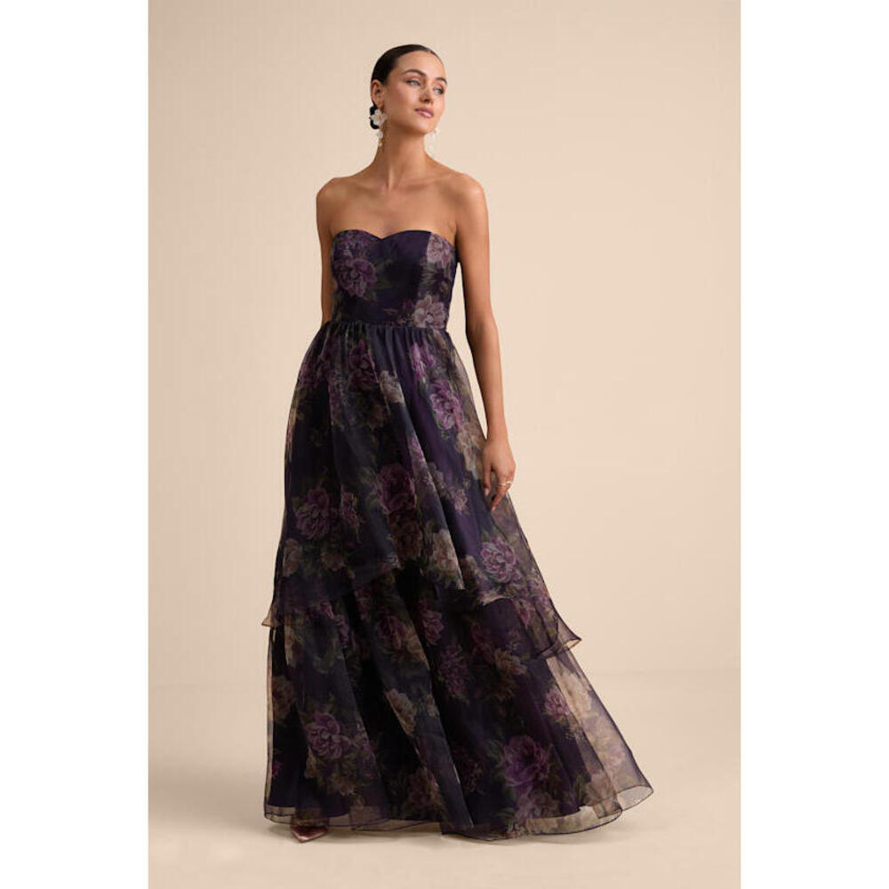 Lulus Truly Extraordinary Purple Floral Organza Strapless Maxi Dress - Size L